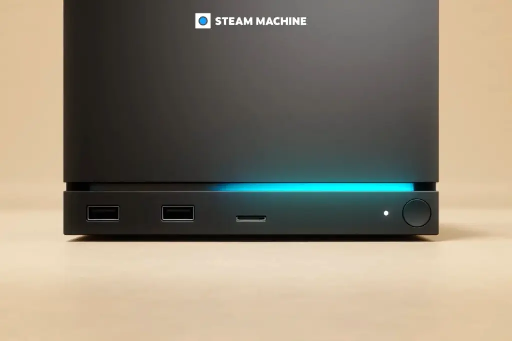 Console Steam Machine noire posée sur une table, manette à côté, écran affichant l’interface Steam