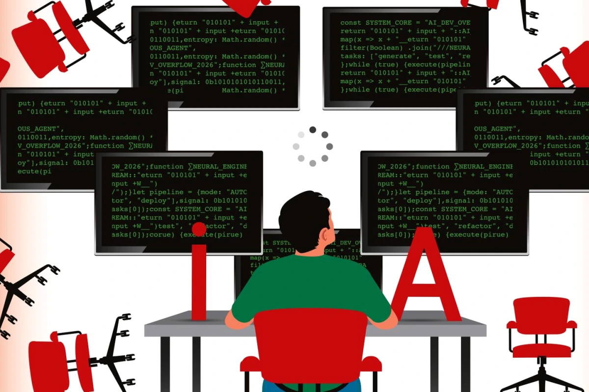 Développeur devant un écran de code, avec une interface d’IA affichée à côté sur le moniteur