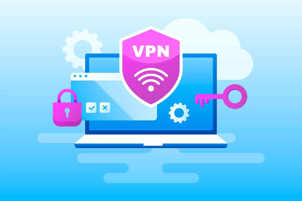 Écran d’ordinateur affichant un VPN gratuit, avec icônes d’alerte et cadenas en arrière-plan