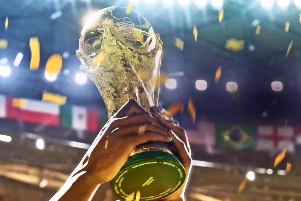 Illustration de 5 IA donnant des pronostics pour la Coupe du Monde 2026, ballon et stades en arrière-plan