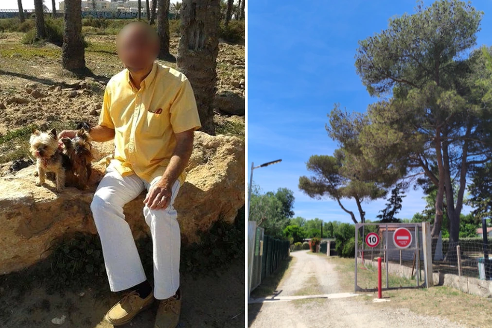 J. Barella à Vias-Plage, entouré de journalistes, sort d’un bâtiment sous le soleil du littoral.