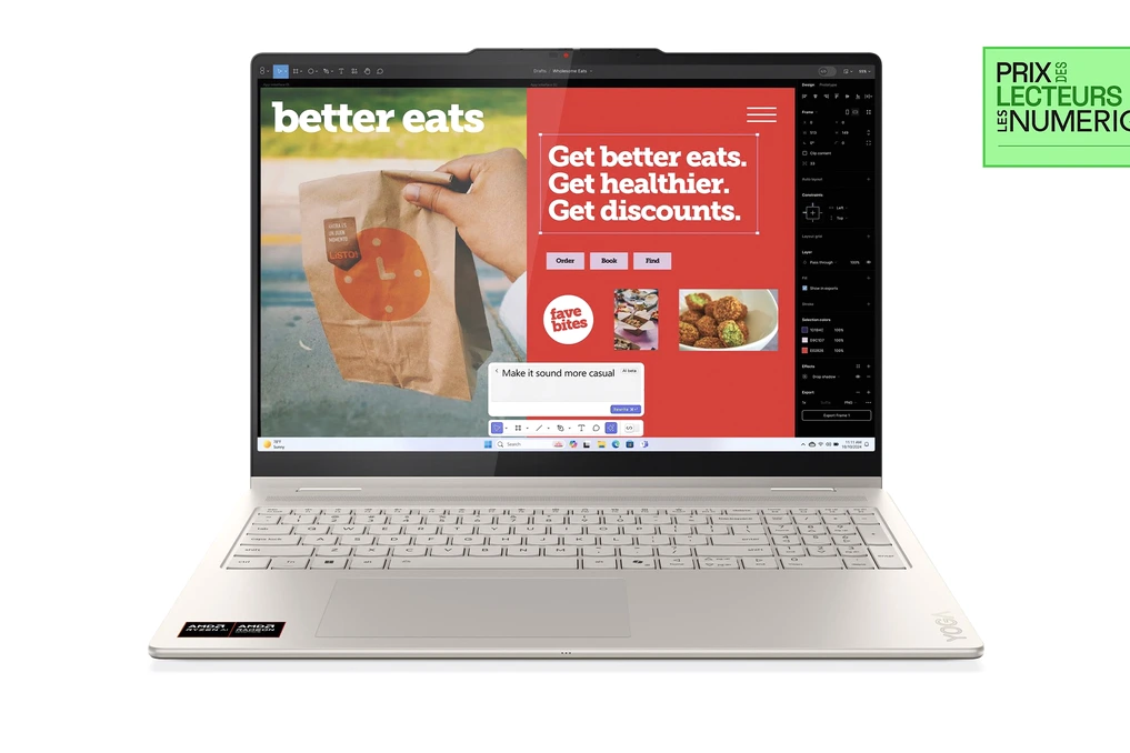 Lenovo Yoga 7 2-en-1 en mode tablette, écran tactile plié à 360°, posé sur un bureau clair