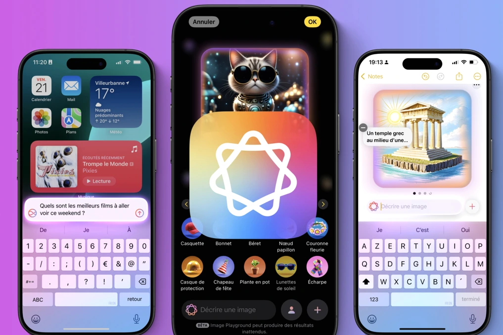Logo Apple Intelligence et icône Siri affichés sur un iPhone, avec le logo Google en arrière-plan sur écran
