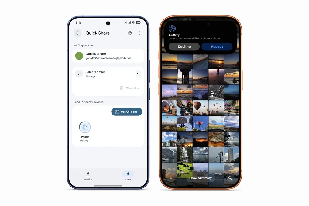 Smartphone Xiaomi sous HyperOS affichant une interface de partage type AirDrop entre un iPhone et un Android